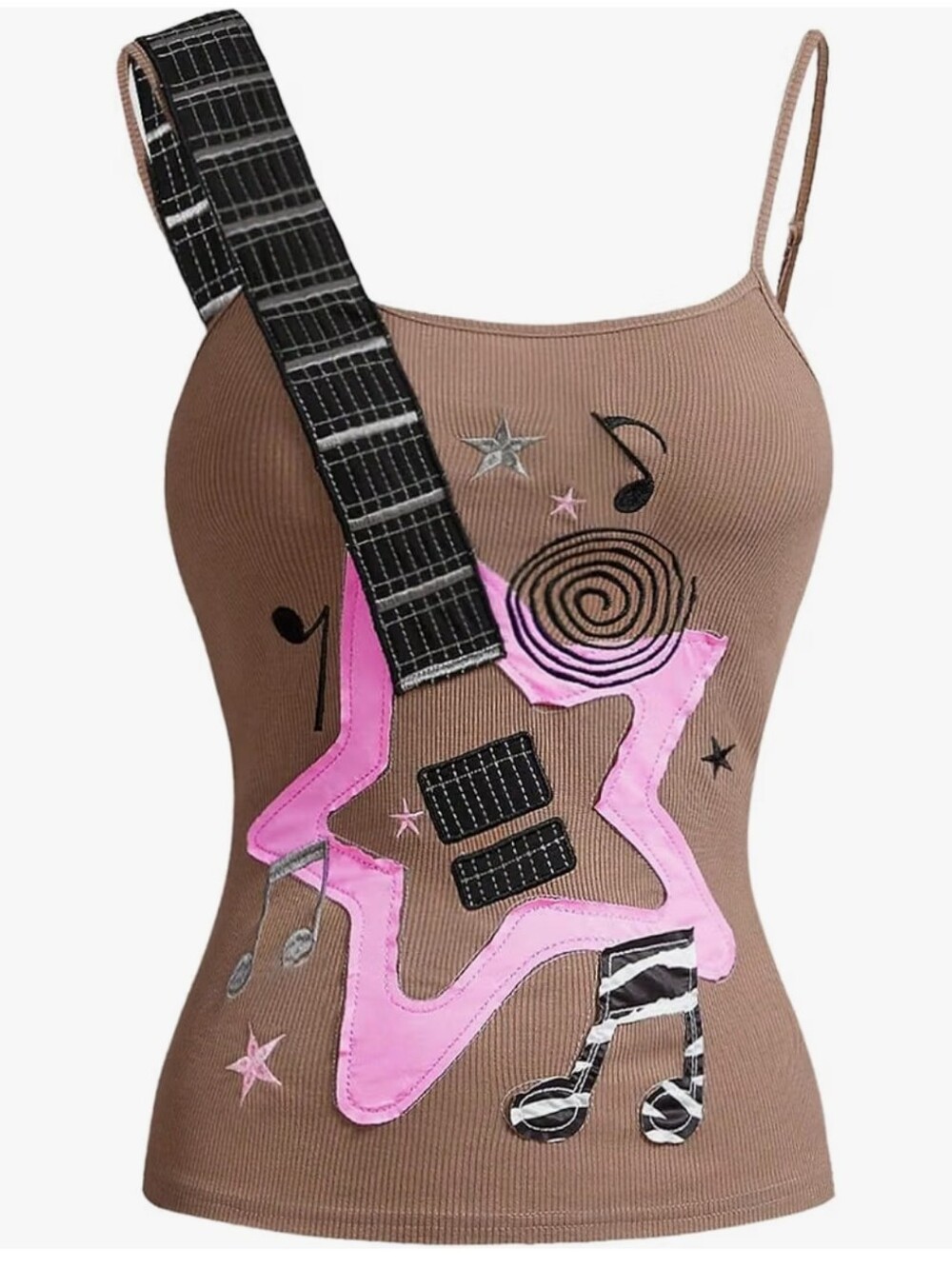Brown Ribbed Guitar Applique Cami Tank Top - Pink & Black Accents